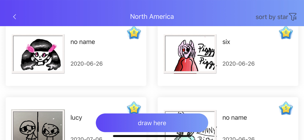 Uma galeria de desenhos de diferentes usuários no aplicativo Paint World com um botão 'desenhe aqui' e nomes de artistas.