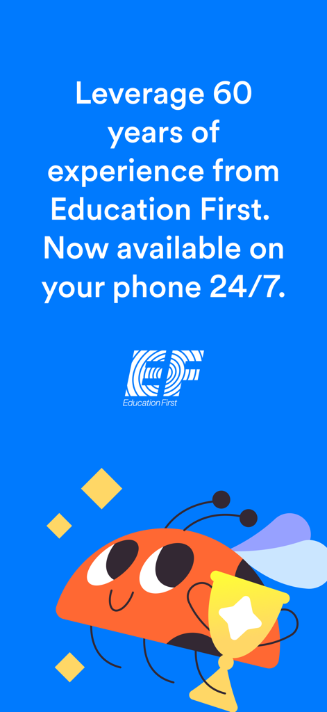 EF Hello promotional screen highlighting 60 years of Education First experience featuring a ladybug mascot with a trophy