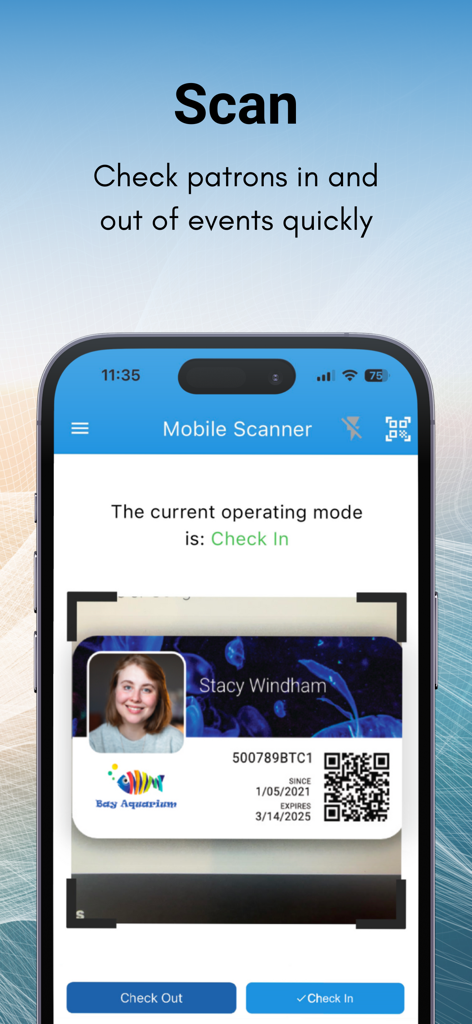Mobile Event Manager 2.0 - Mobile App-Oberfläche, die den QR-Code-Scanner zum Einchecken von Event-Besuchern zeigt.
