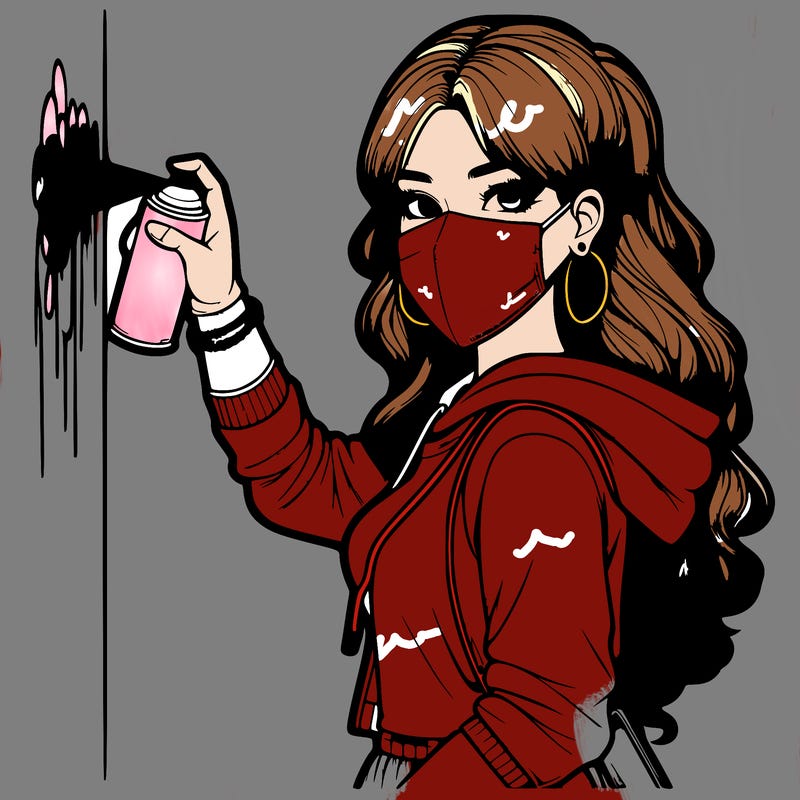 realistic girl with mask spray painting a wall