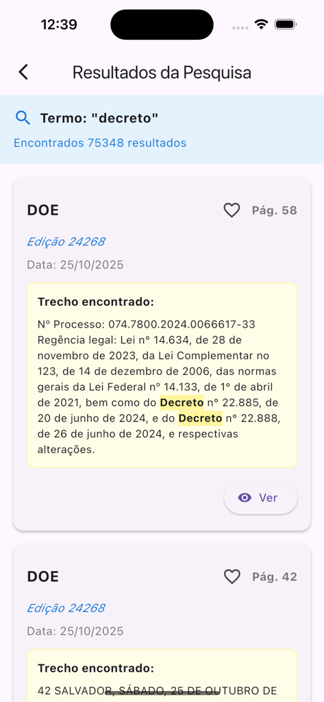 EGBA - Imprensa Oficial - Pantalla de resultados de búsqueda en la aplicación EGBA que muestra fragmentos de documentos legales del Boletín Oficial de Bahía para la palabra clave decreto