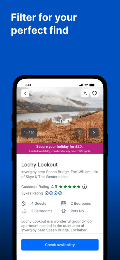 Sykes-App, die ein Ferienhausangebot mit malerischer Aussicht in Schottland zeigt