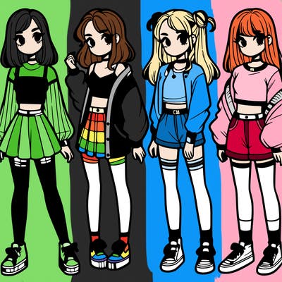 one girl with crop-top shirt and a jacket with a skirt, long socks and another girl with a shirt and pants with a jacket