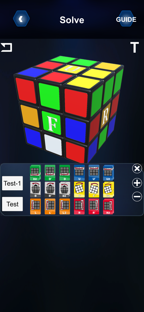 Cube Solver: Scan, Learn, Play - 3D Rubik's Cube solver interface with manual move icons and labeled cube faces
