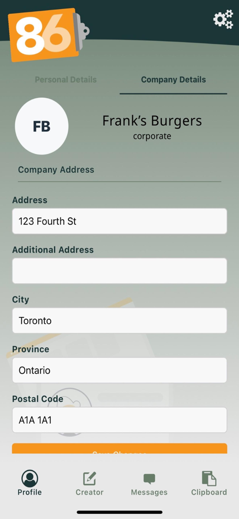 86 - 86 Your Flyers app screen for entering company address and profile information