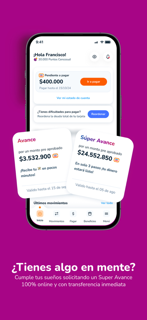 Dashboard of the Cencosud Scotiabank mobile app showing a user balance and cash advance credit offers in Chilean pesos.