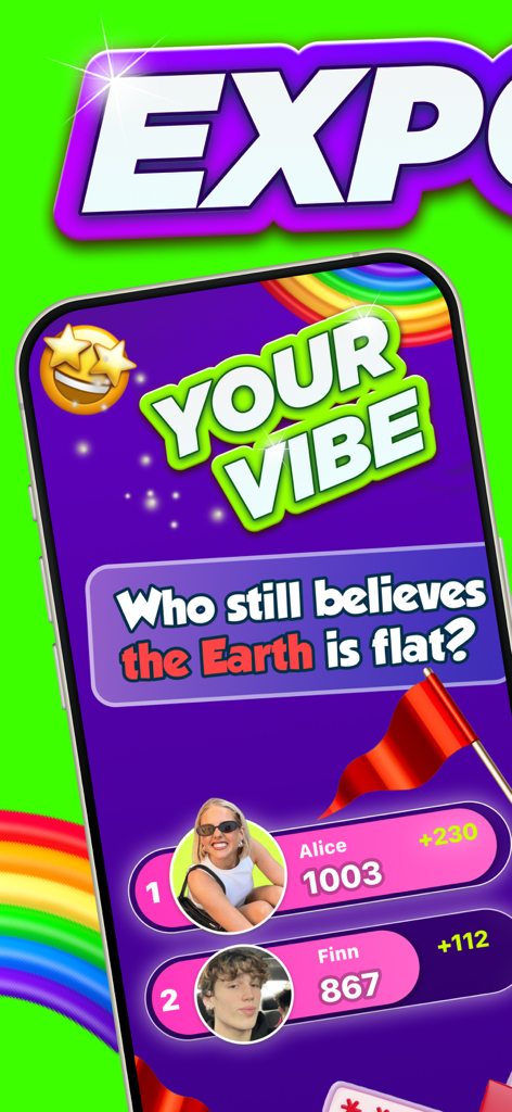 Party Lab: Exposed Game - Uma tela de celular do Party Lab mostrando uma pergunta engraçada e uma classificação de jogadores com pontos.