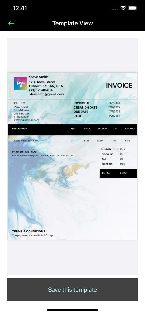 Invoiceto : Invoice Generator - Professional invoice template with business branding and marble background design in the Invoiceto mobile app
