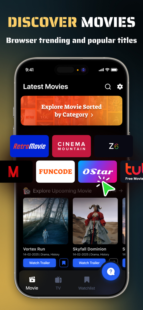 Movies Box - Movies & TV Show - Screenshot of the Movies Box app interface showing trending movies and upcoming titles with watch trailer buttons