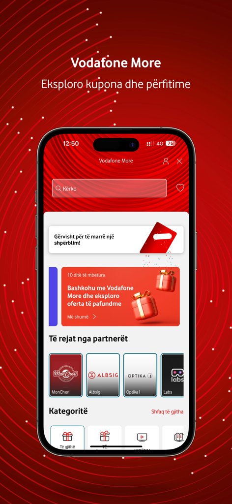 A tela Vodafone More dentro do aplicativo My Vodafone Albânia exibindo cupons disponíveis, recompensas e ofertas de parceiros