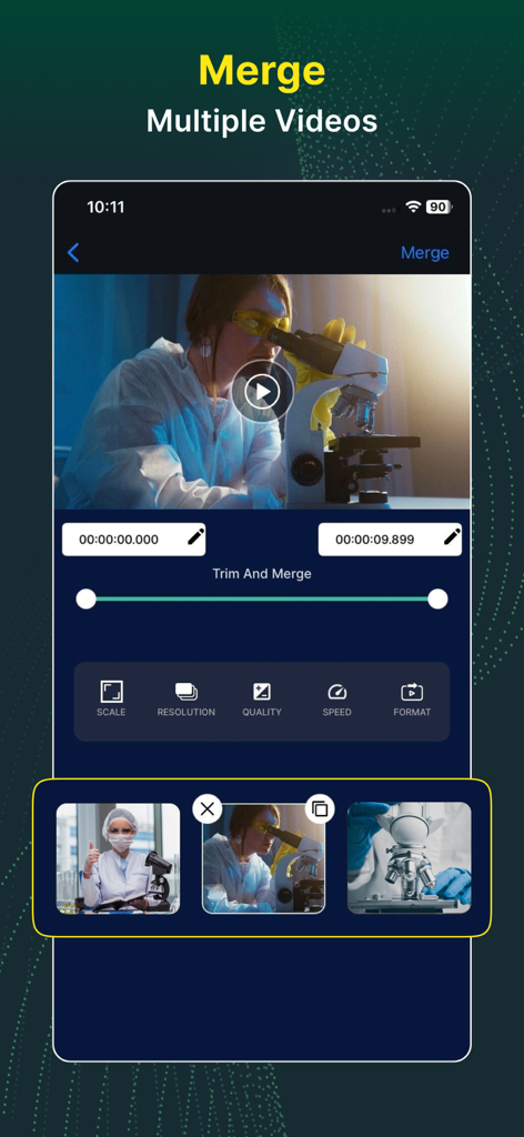 Video Converter and Compressor - トリミングと解像度設定で複数の動画クリップを結合する方法を示すモバイルアプリのインターフェース