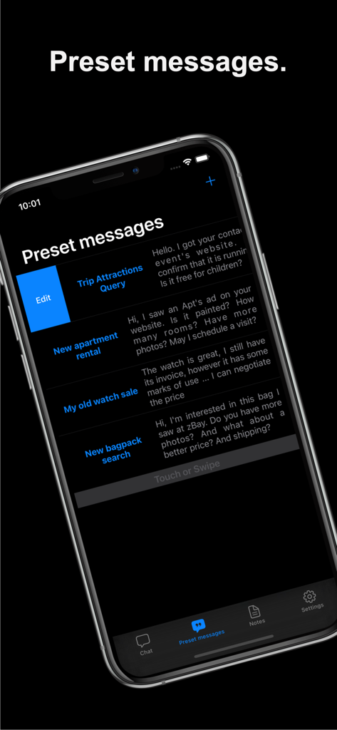 Schermata dell'app DirectChat Messenger che mostra un elenco di modelli di messaggi preimpostati per una comunicazione rapida