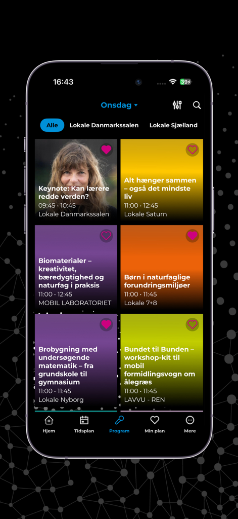 Big Bang - Program screen of the Big Bang conference app showing a grid of science sessions and workshops.