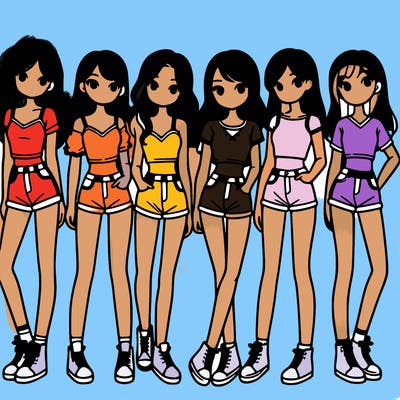 a group of girls wearing crop tops and shorts