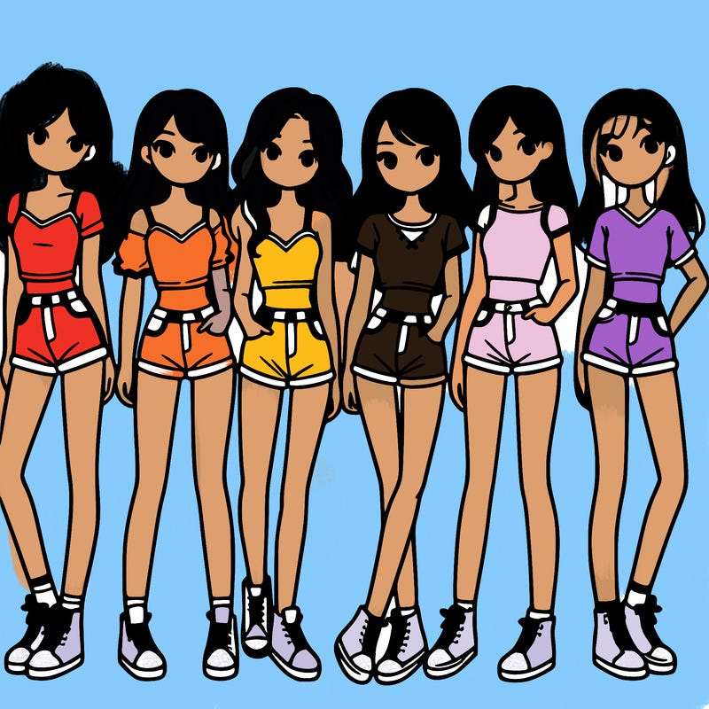 a group of girls wearing crop tops and shorts