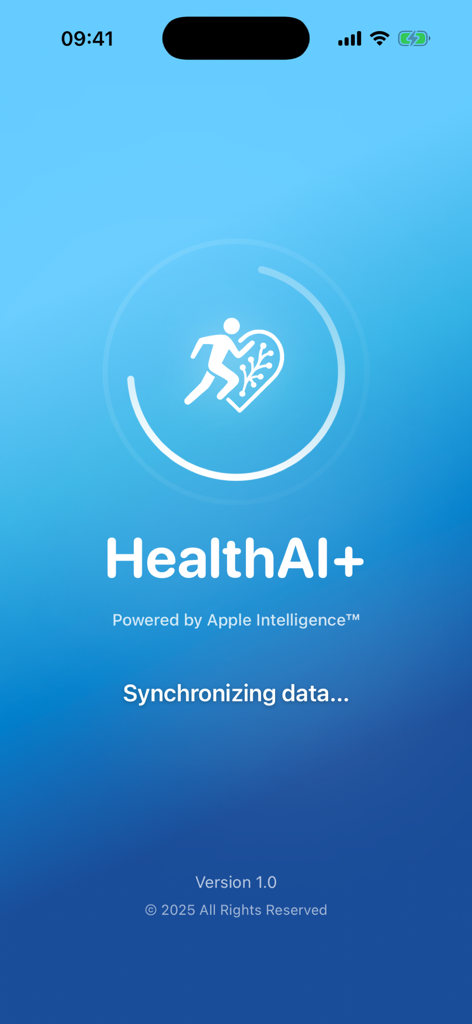 HealthAI+ App-Startbildschirm mit dem Logo und dem Status der Datensynchronisierung