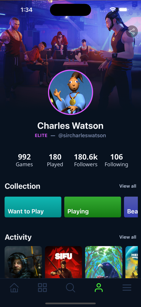 A user profile screen on the GG gaming app showing game stats, collections, and recent gaming activity.