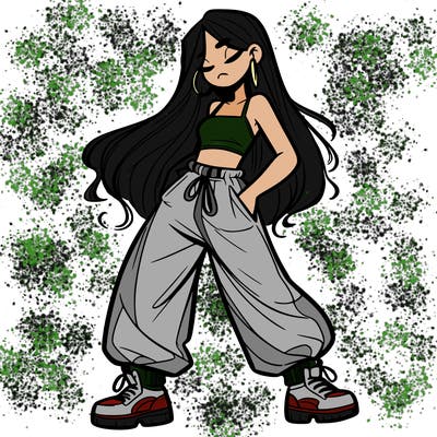 girl in baggy pants crop top and long hair