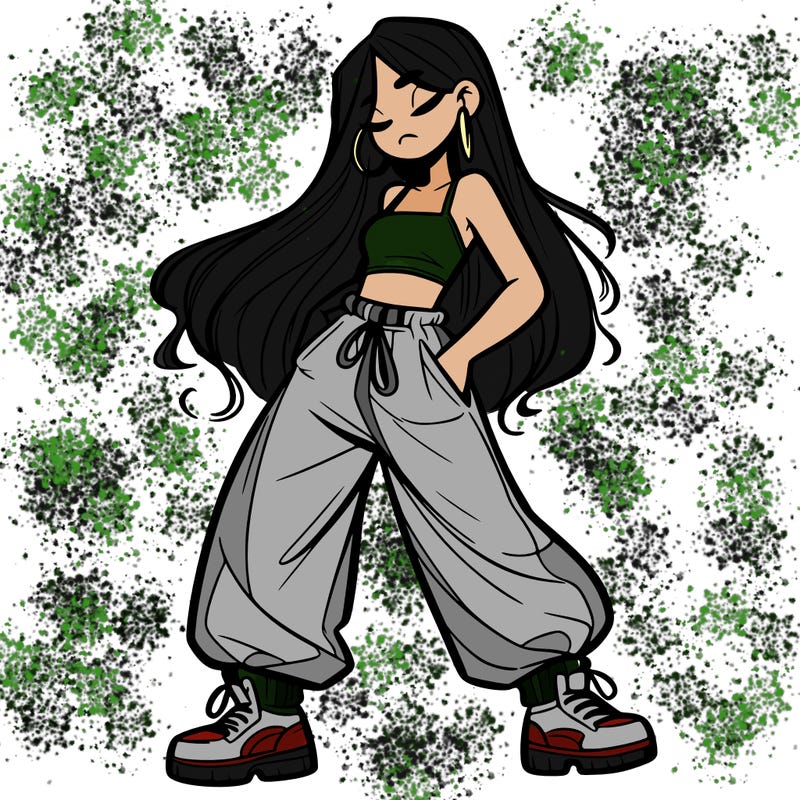 girl in baggy pants crop top and long hair