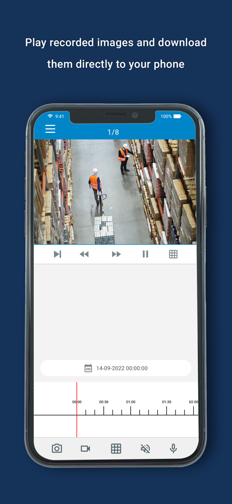 Bascom mobile app interface showing a CCTV recording of a warehouse with playback controls and a timeline.