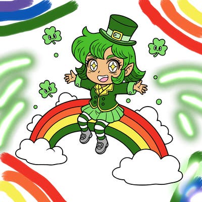 a girl leprechaun that’s sitting on a rainbow  chibi