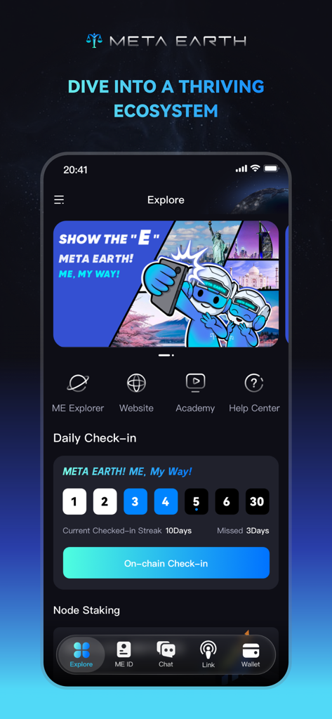 Panel de exploración de la aplicación ME Pass que presenta el registro diario en cadena y la navegación por el ecosistema Web3.