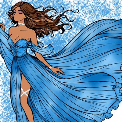 realistic woman in dress flowing the the wind