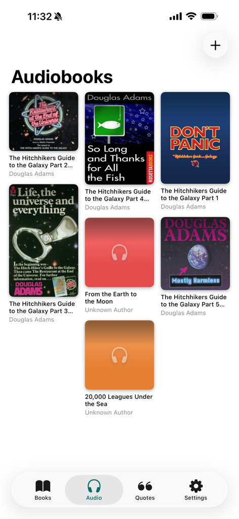 UniBook - Books without limits - UniBook app interface displaying a grid of imported audiobooks with their covers and titles