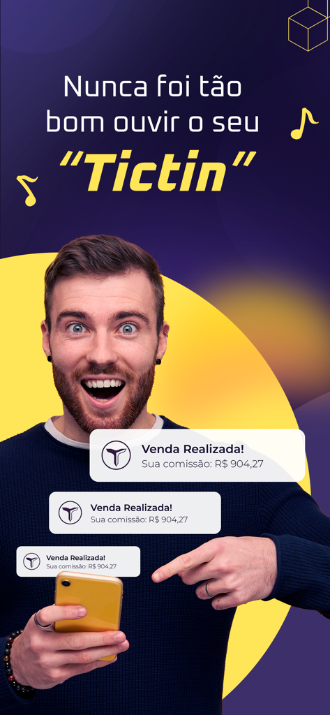 Ticto - A man pointing at his smartphone showing successful sale notifications and commissions from the Ticto app