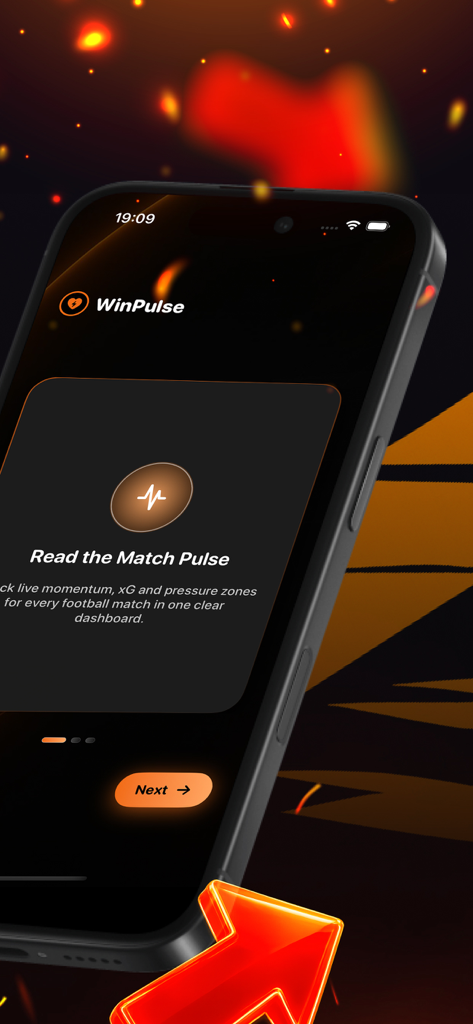 WinPulse Momentum app interface showing the Read the Match Pulse feature for tracking football match momentum and xG