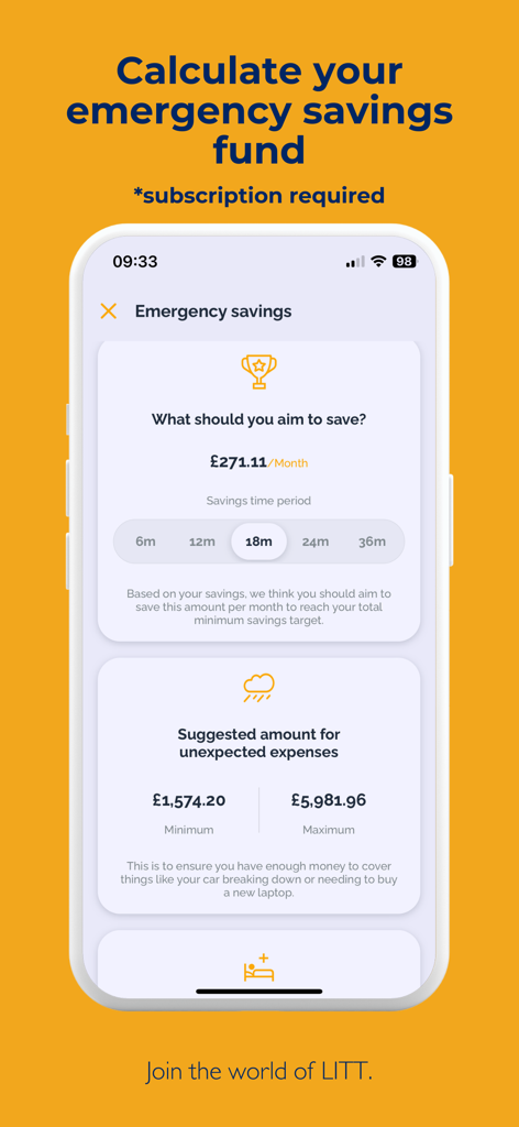 Interface do aplicativo LITT mostrando uma calculadora de fundo de emergência com metas mensais e valores sugeridos para despesas inesperadas.