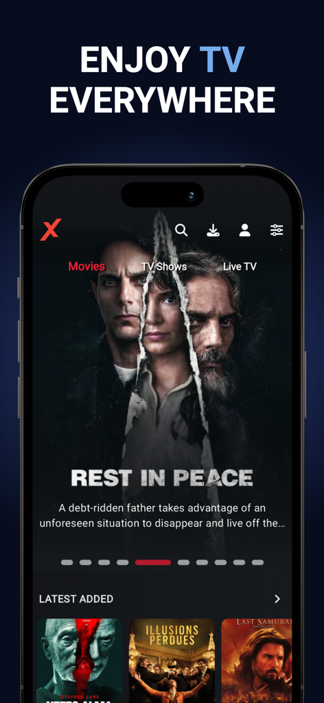 Tivix IPTV Player mobile app interface featuring a curated movie library with posters and categories.