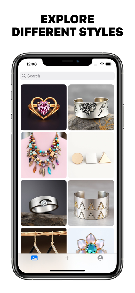 Una galería de diversos diseños de joyería generados por IA en la interfaz de la app Jewelry AI