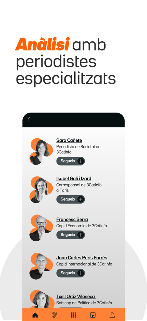3CatInfo - Une liste de journalistes spécialisés et de correspondants dans l'application d'actualités 3CatInfo avec des boutons pour les suivre