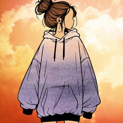 realistic girl with a oversized sweatshirt on and a bun