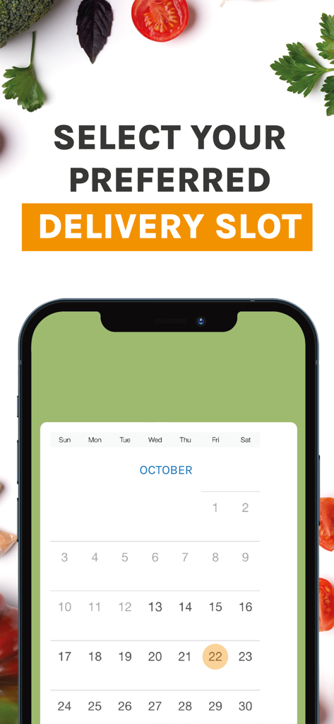 QualityFood: Grocery Delivery - Mobile screen showing a calendar to select a preferred grocery delivery slot