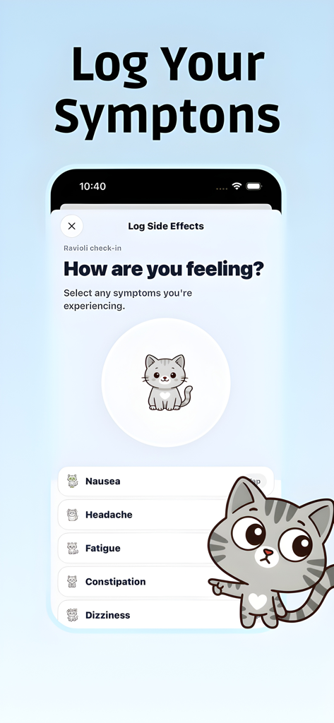Mobile app screen for logging side effects like nausea and fatigue in the Enzo GLP1 tracker app.