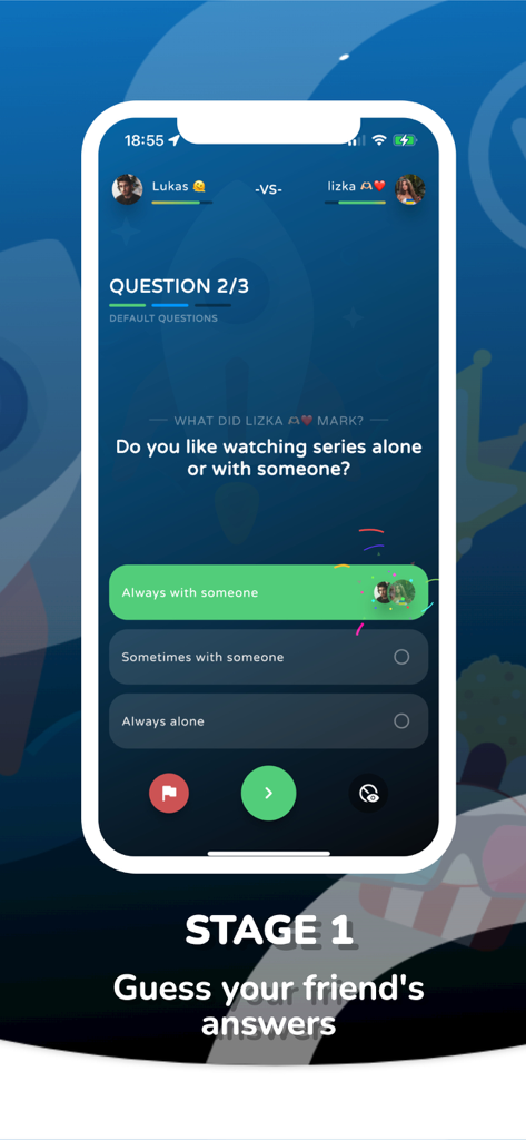 A mobile app interface showing a social quiz question asking if a player prefers watching series alone or with someone as part of a friendship guessing game