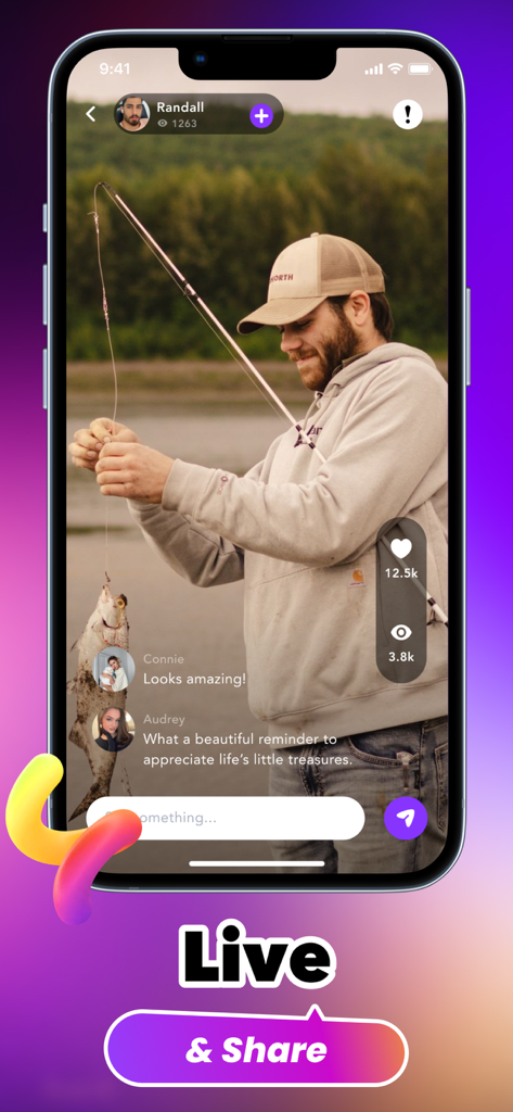 A live stream on the Puff social app showing a man fishing with real-time viewer comments and likes.