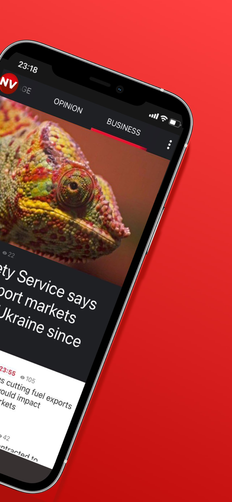 The New Voice of Ukraine - ウクライナの新声アプリがスマートフォンにビジネスニュースセクションを表示している様子。