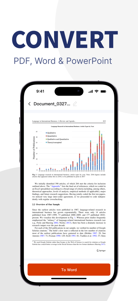 モバイル生産性向上のためのPDFからWordへの変換インターフェイスを示すスマートフォンの画面