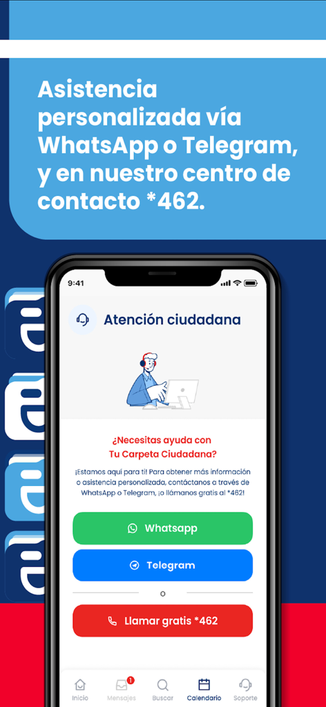 Support screen for the Soy Yo RD app showing contact options via WhatsApp Telegram and a call center number for citizen assistance.