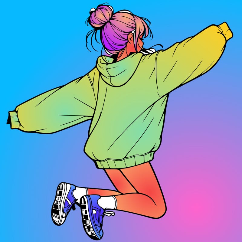 realistic girl jumping with a bun and oversized sweatshirt