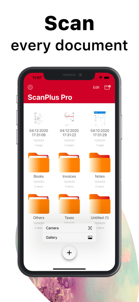 ScanPlus Pro mobile app interface showing document folders for organization and scanning options