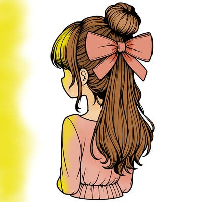 realistic girl  with hip length hair a bun and a big bow on the back of head