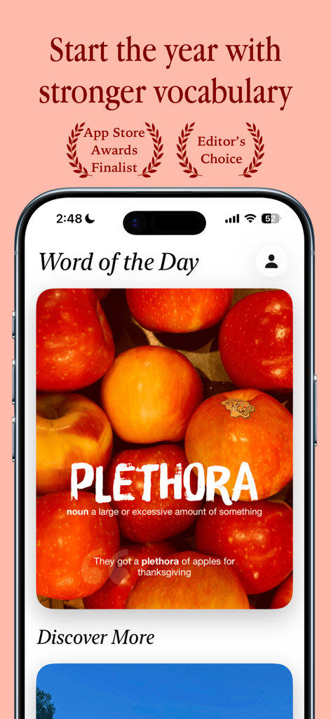 LookUp: English Dictionary - LookUp English Dictionary app screenshot showing the Word of the Day feature with the word plethora and a visual illustration of red apples.