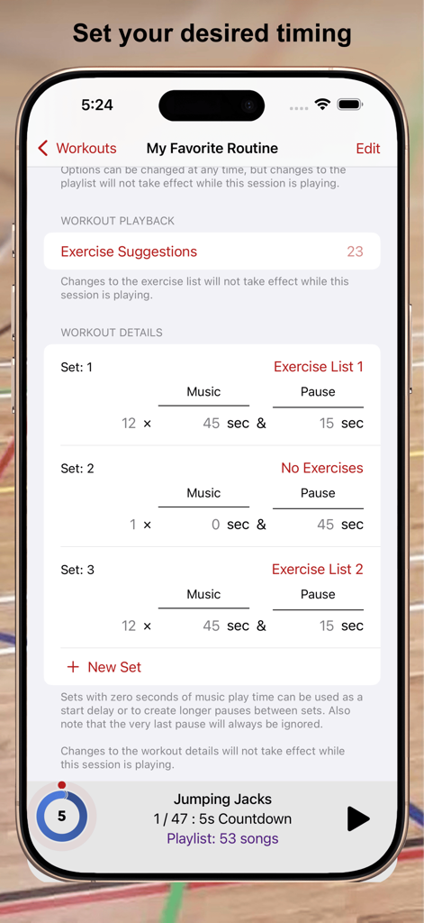 MC-Timer - Detailed workout interval settings in the MC-Timer app showing custom music and pause times for different sets