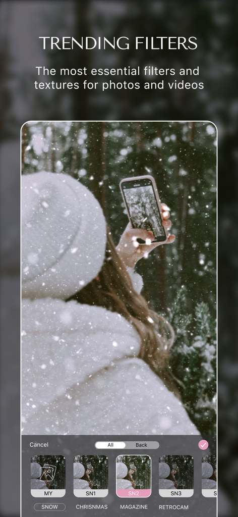 MalibooMake - Interface do aplicativo MalibooMake mostrando filtros de neve e texturas populares aplicados a uma foto de inverno.