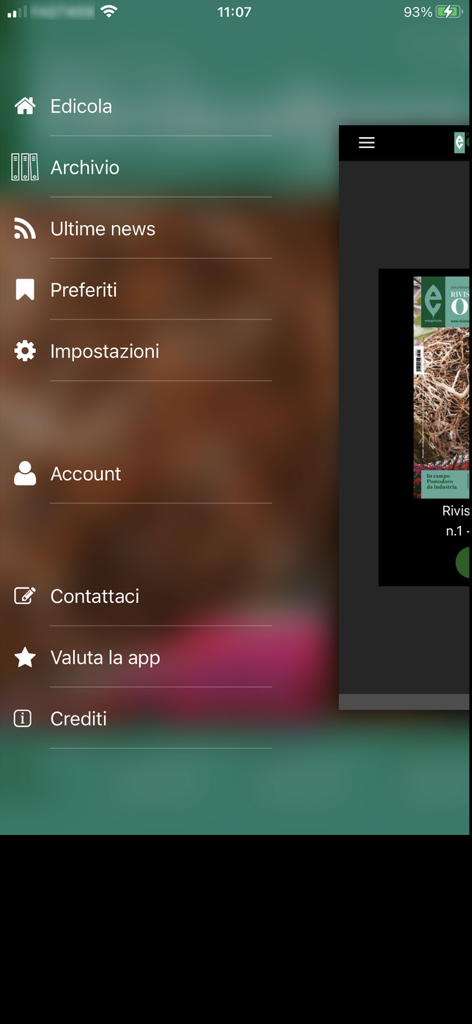 Rivista di Orticoltura - Menú de navegación de la aplicación Rivista di Orticoltura que muestra varias secciones en italiano