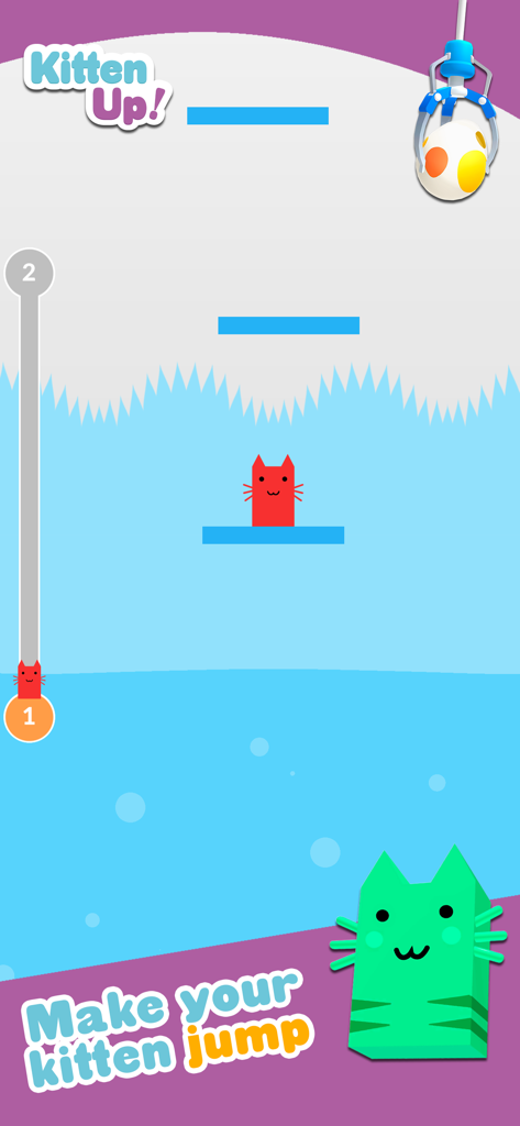 Um gatinho quadrado vermelho salta entre plataformas no jogo de arcade Kitten Up enquanto uma máquina de garra segura um ovo de prêmio acima.